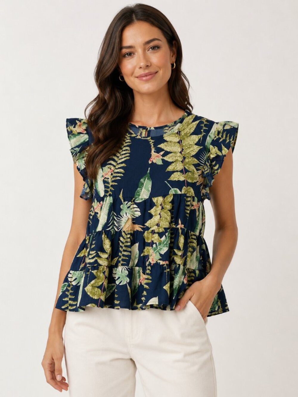 SHEIN tropical print blouse in a navy blue